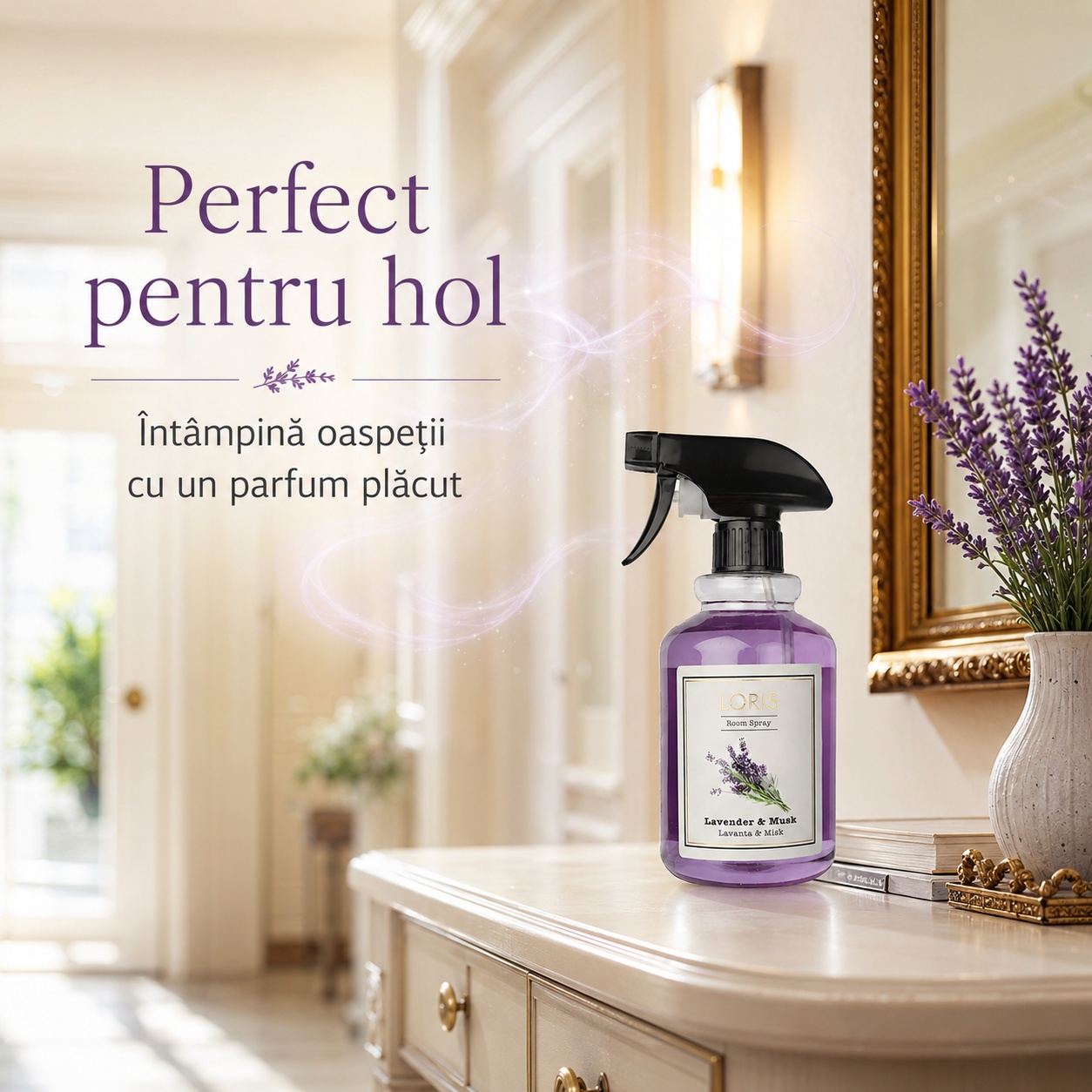 Spray Odorizant Loris Pafum Lavender & Musk perfect pentru hol parfum plăcut pentru oaspeți