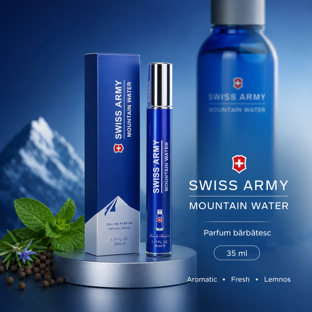 Swiss Army Mountain Water 35 ml parfum bărbătesc aromatic fresh lemnos, note de mentă, rozmarin, piper negru și paciuli