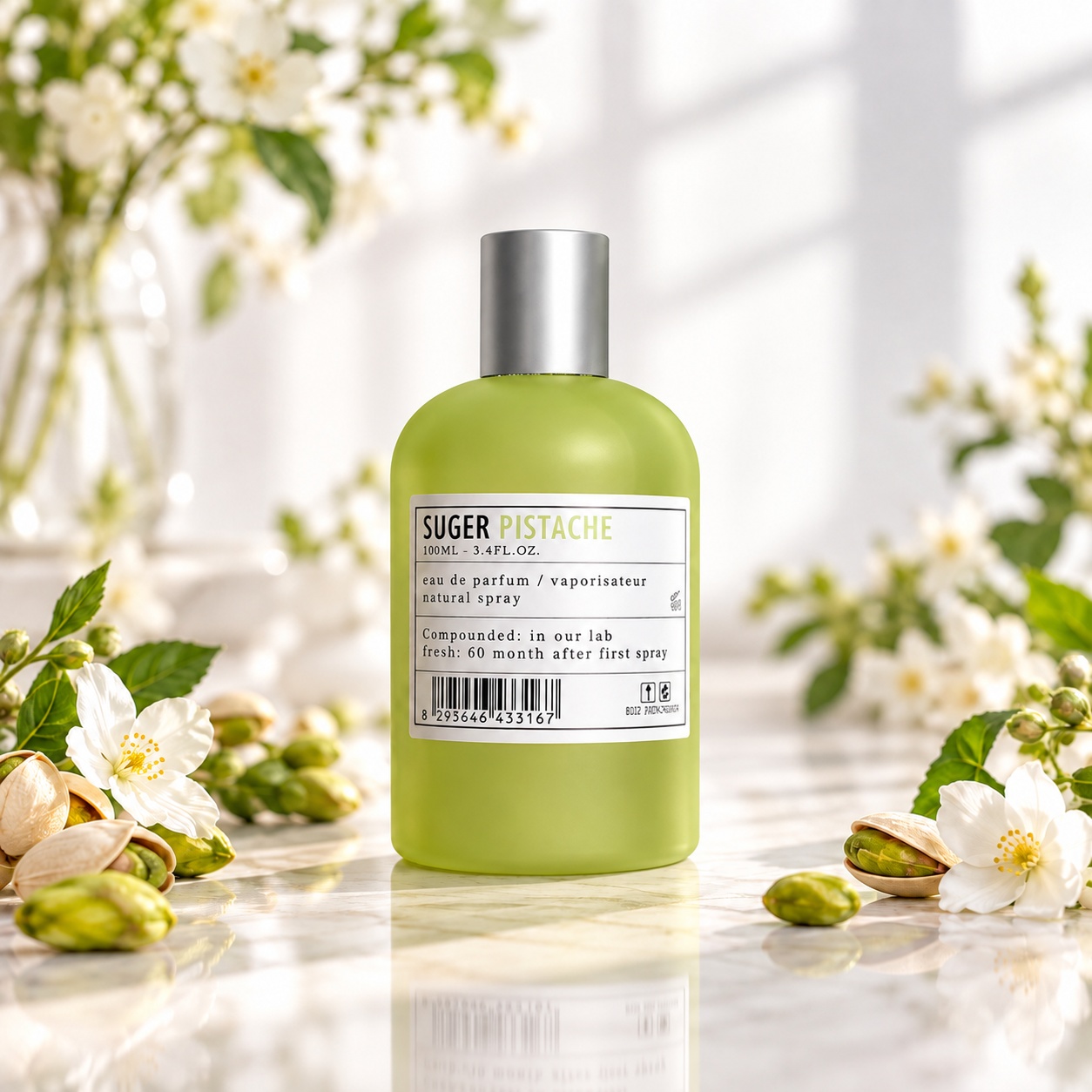 Flacon Aro-Fac Pistache Suger parfum unisex 100 ml cu sticlă verde mată și capac argintiu