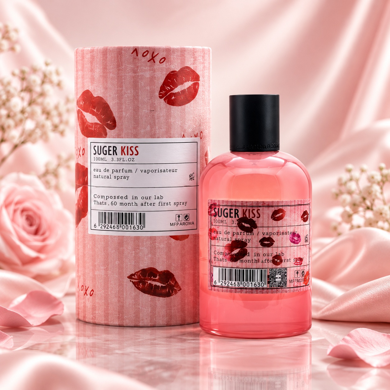 Aro-Fac Suger Kiss Eau de Parfum 100 ml parfum arăbesc de damă inspirat de Narciso Rodriguez For Her cu flacon roz și cutie premium