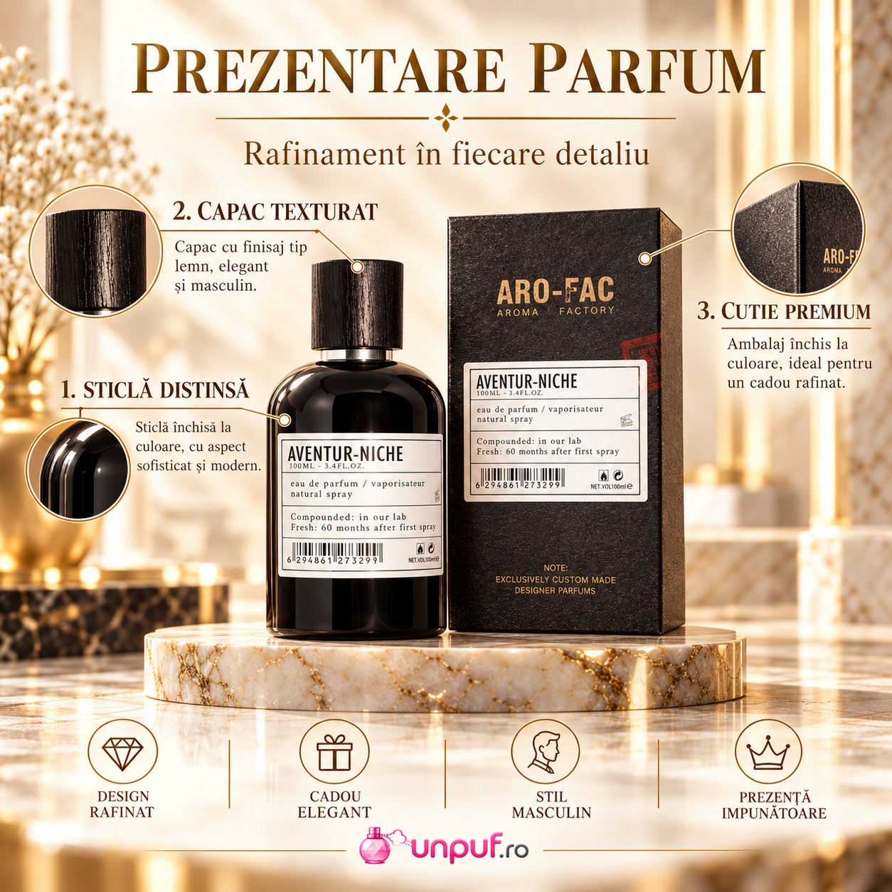 Prezentare Aventur Niche Aro-Fac parfum unisex cu design rafinat capac texturat și cutie premium
