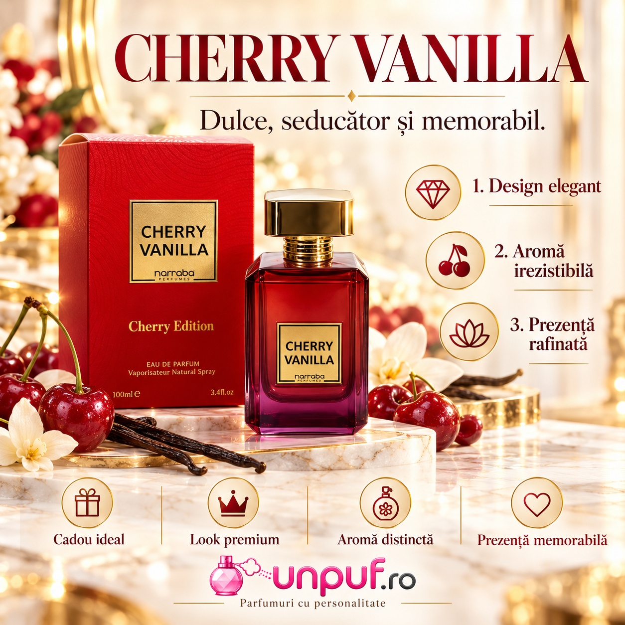 Prezentare Cherry Vanilla Marhaba 100 ml parfum arăbesc cu cireșe vișine vanilie tonka ambră și mosc
