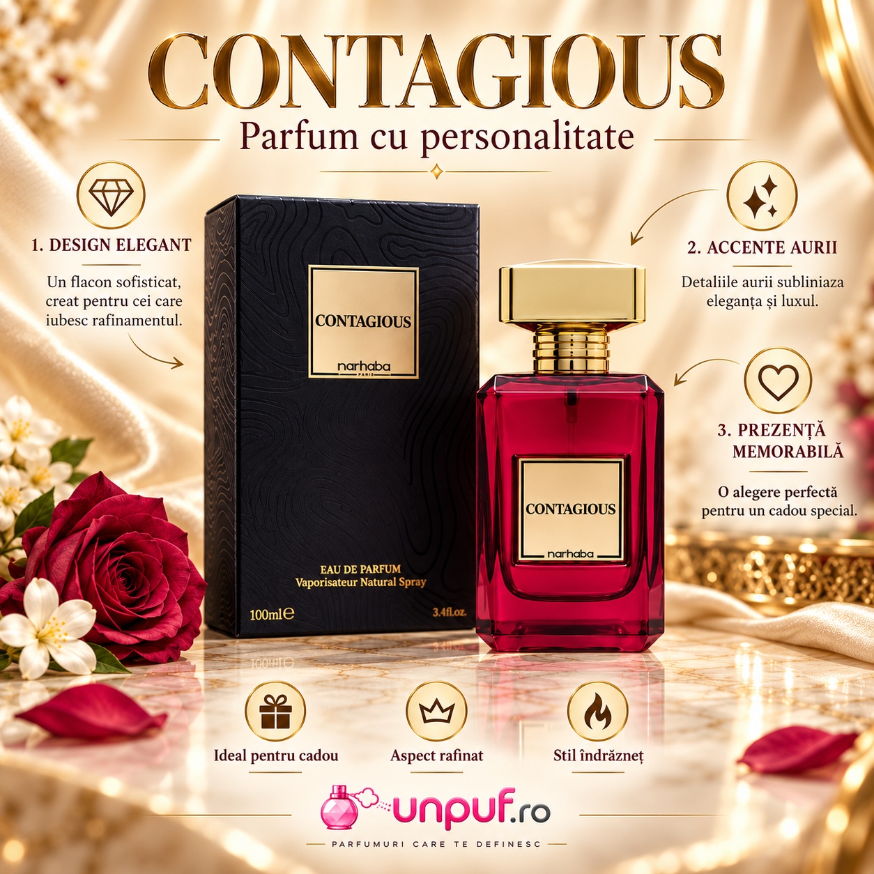 Prezentare parfum Contagious Marhaba 100 ml cu design elegant accente aurii și aromă cu personalitate