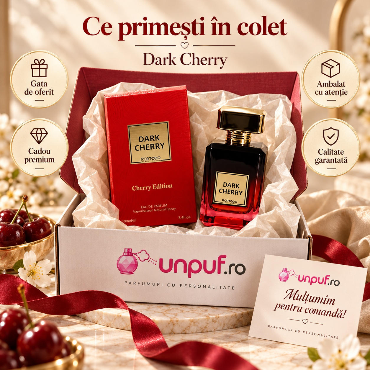 Ce primești în colet Dark Cherry Marhaba Eau de Parfum 100 ml parfum unisex ambalat premium pentru cadou
