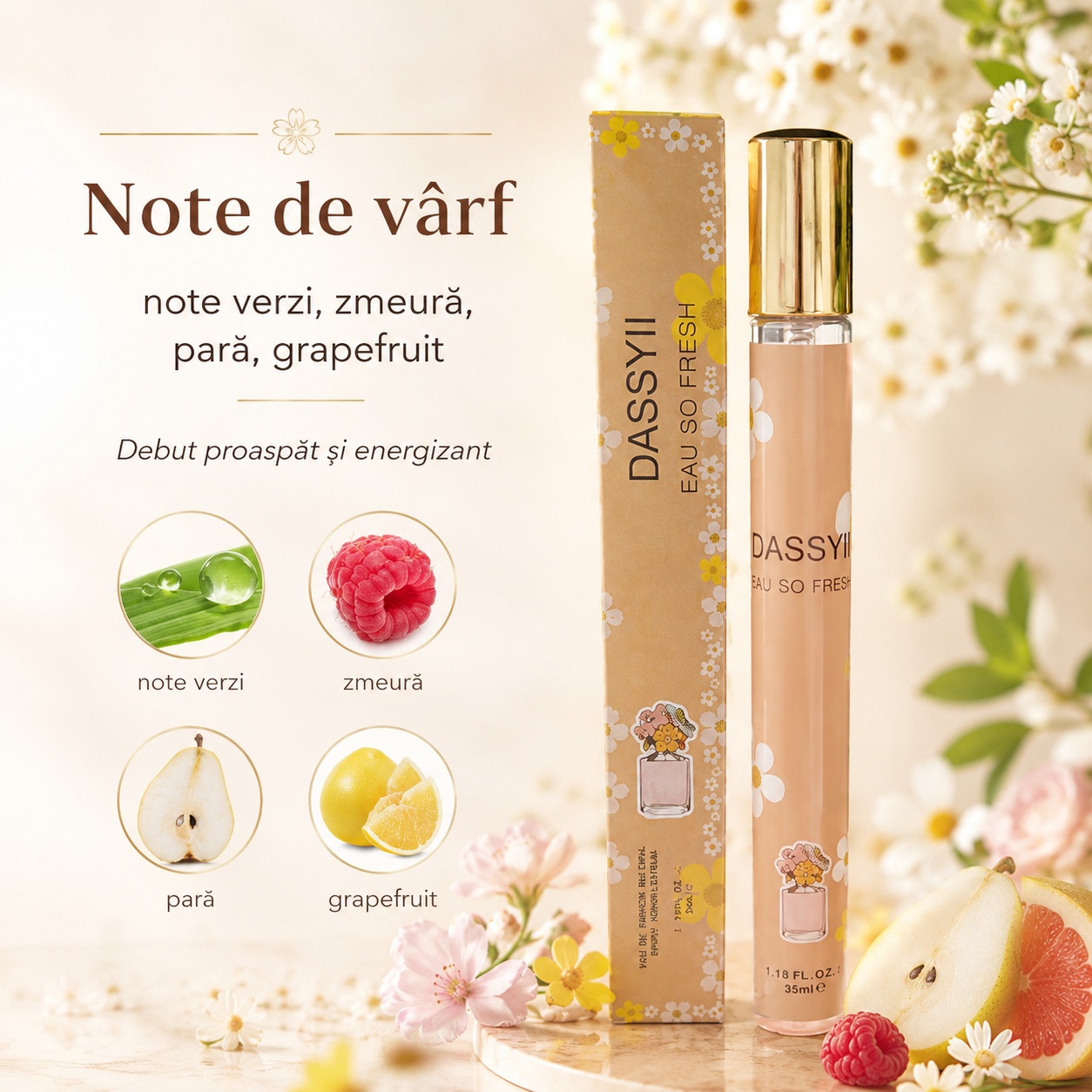 Note de v&acirc;rf Dassyii Eau So Fresh note verzi zmeură pară și grapefruit