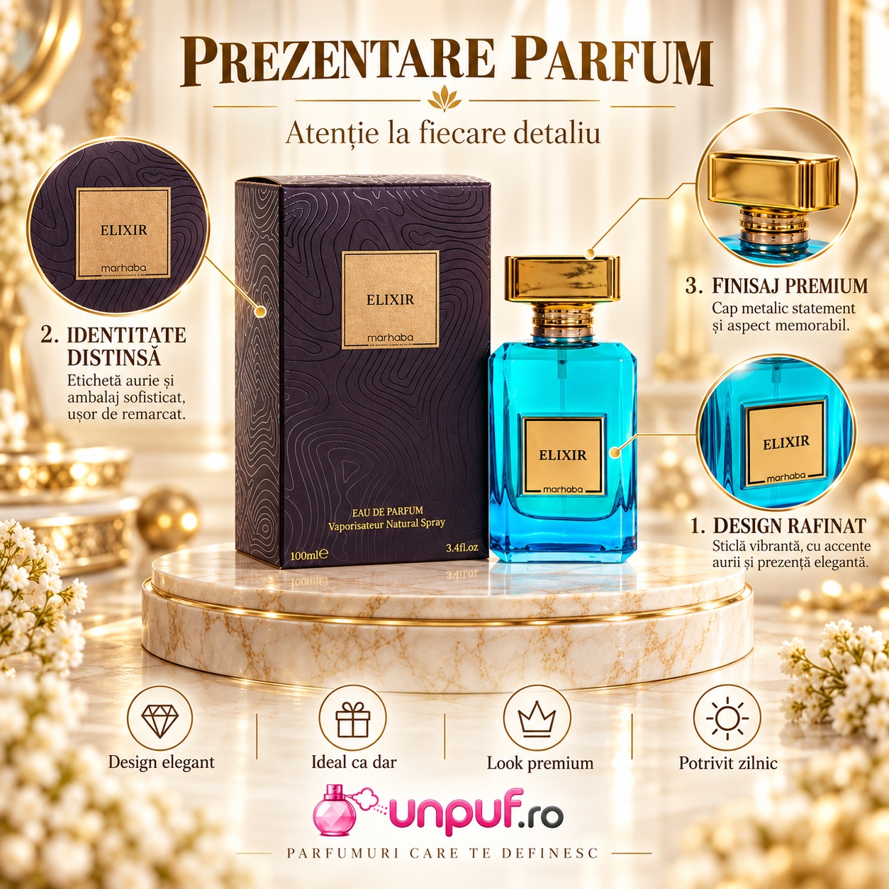 Prezentare parfum Elixir Marhaba 100 ml cu detalii despre design rafinat identitate distinctivă și finisaj premium