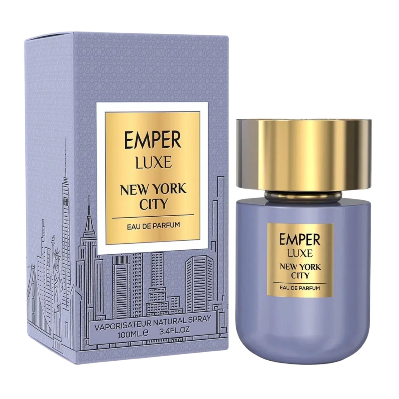 Produs real Emper Luxe New York City 100 ml cu sticlă mov și cutie originală
