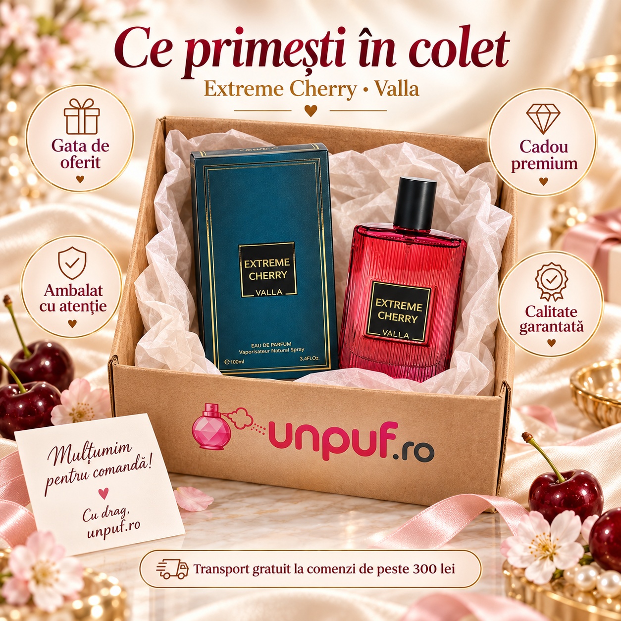 Ce primești în colet Extreme Cherry Yalla Eau de Parfum 50 ml ambalat premium pentru cadou