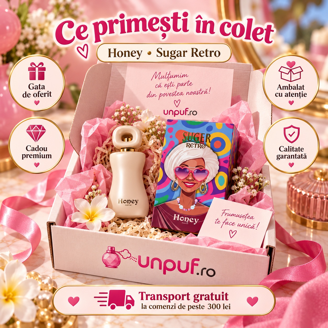 Ce primești în colet Honey Suger Retro Aro-Fac Eau de Parfum 100 ml ambalat premium pentru cadou