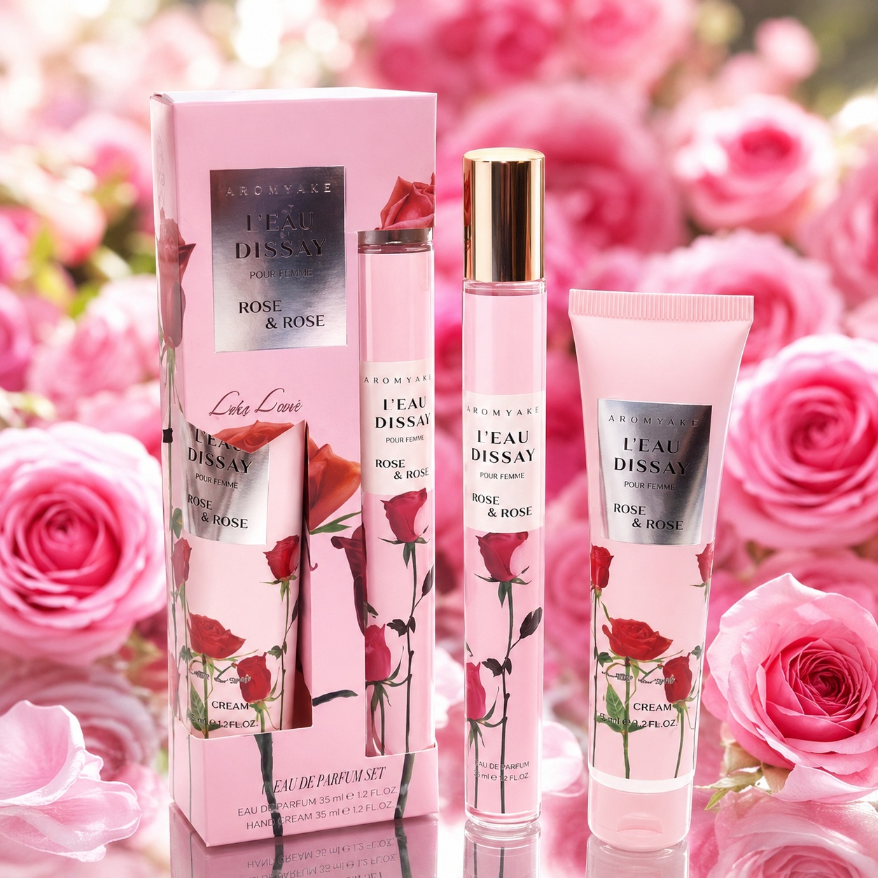 Set L&rsquo;Eau D&rsquo;Issay Rose & Rose 2x35 ml, apă de parfum 35 ml și cremă de m&acirc;ini 35 ml pentru damă