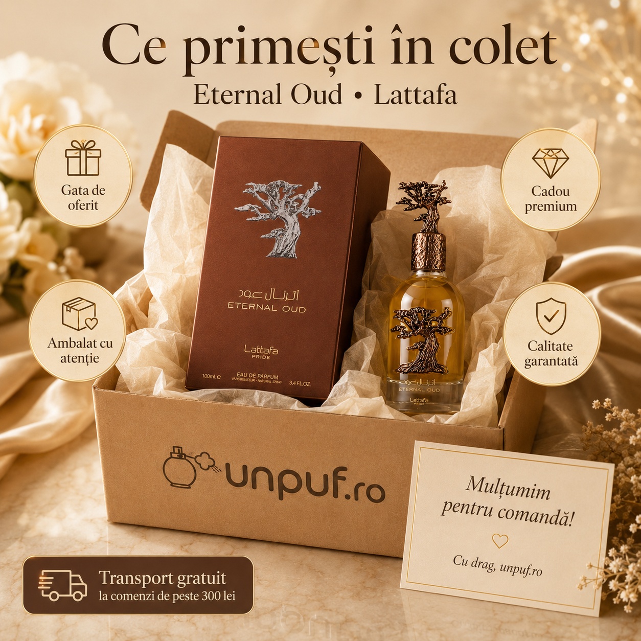 Ce primești &icirc;n colet Lattafa Eternal Oud 100 ml parfum arăbesc unisex ambalat cu atenție gata de oferit cadou