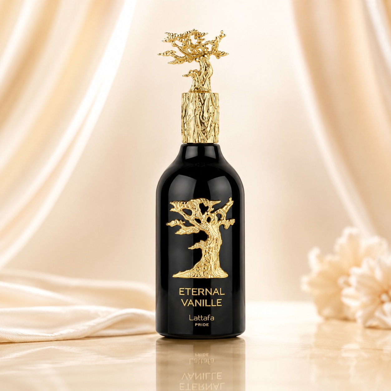 Flacon Lattafa Eternal Vanille 100 ml parfum unisex negru lucios cu capac auriu sculptural și simbol copac