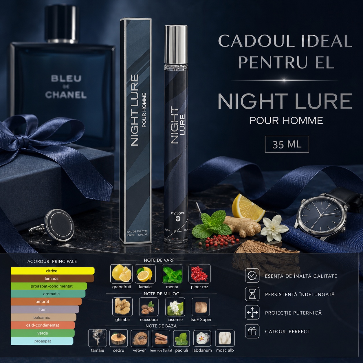 Night Lure Pour Homme 35 ml cadoul ideal pentru el, parfum bărbătesc elegant și intens