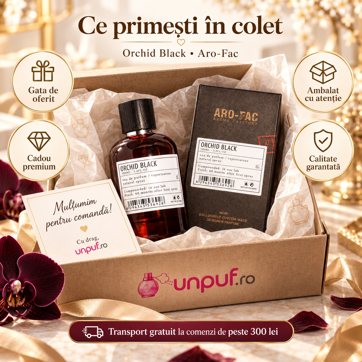 Ce primești în colet Orchid Black Aro-Fac Eau de Parfum 100 ml ambalat premium pentru cadou