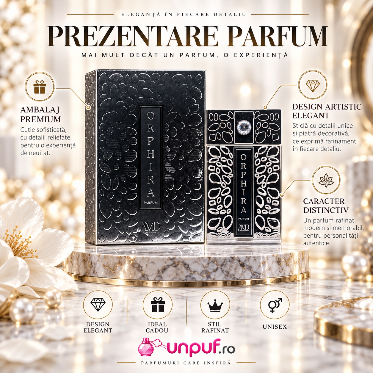 Prezentare parfum Orphira AMD Perfumes 100 ml cu detalii despre ambalaj design și caracter distinctiv