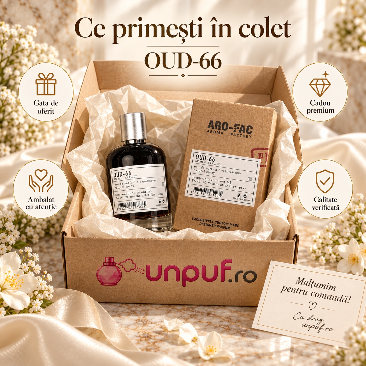 Ce primești în colet Oud 66 Aro-Fac parfum bărbați EDP ambalat premium