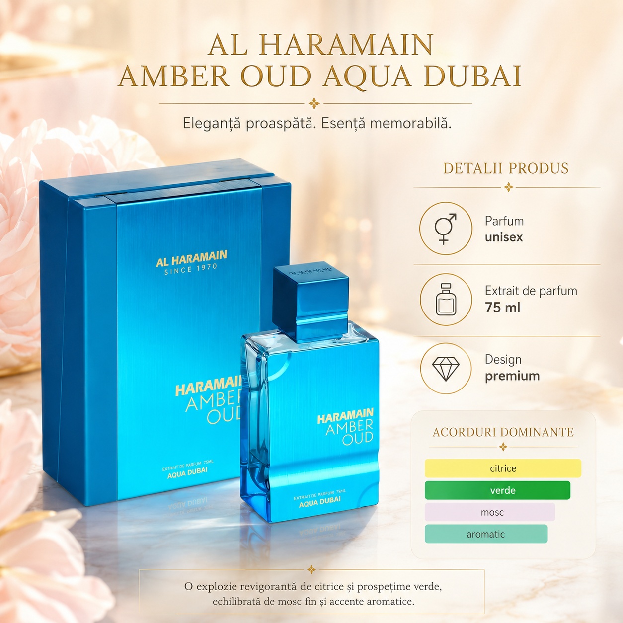 Detalii Al Haramain Amber Oud Aqua Dubai, parfum unisex 75 ml cu acorduri citrice, verzi, moscate și aromatice