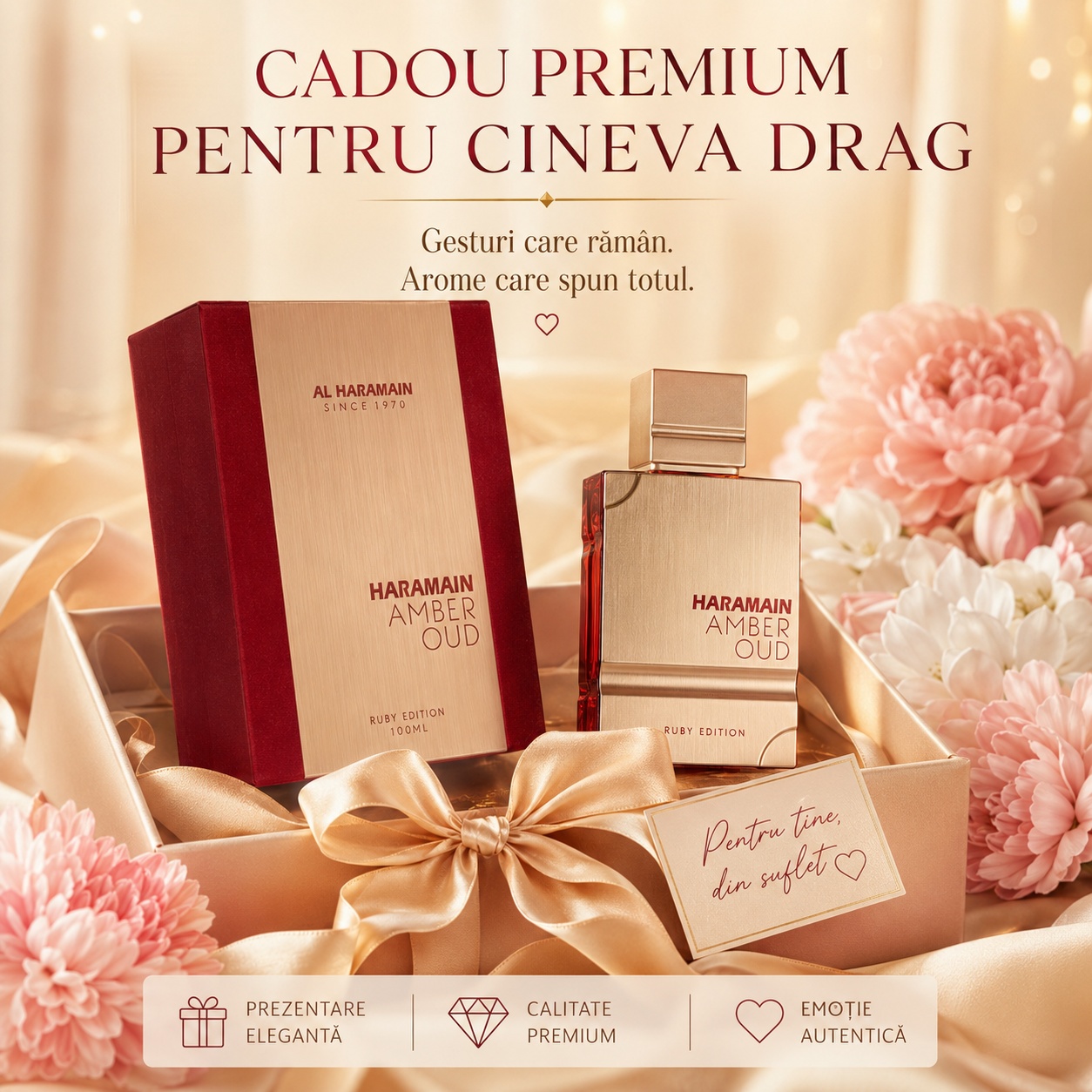 Al Haramain Amber Oud Ruby Edition cadou premium pentru cineva drag, parfum elegant cu prezentare rafinată