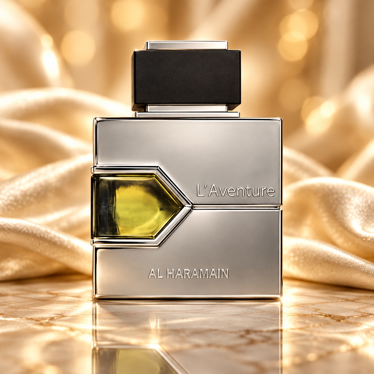 Flacon Al Haramain L’Aventure 100 ml argintiu cu detaliu verde oliv și capac negru