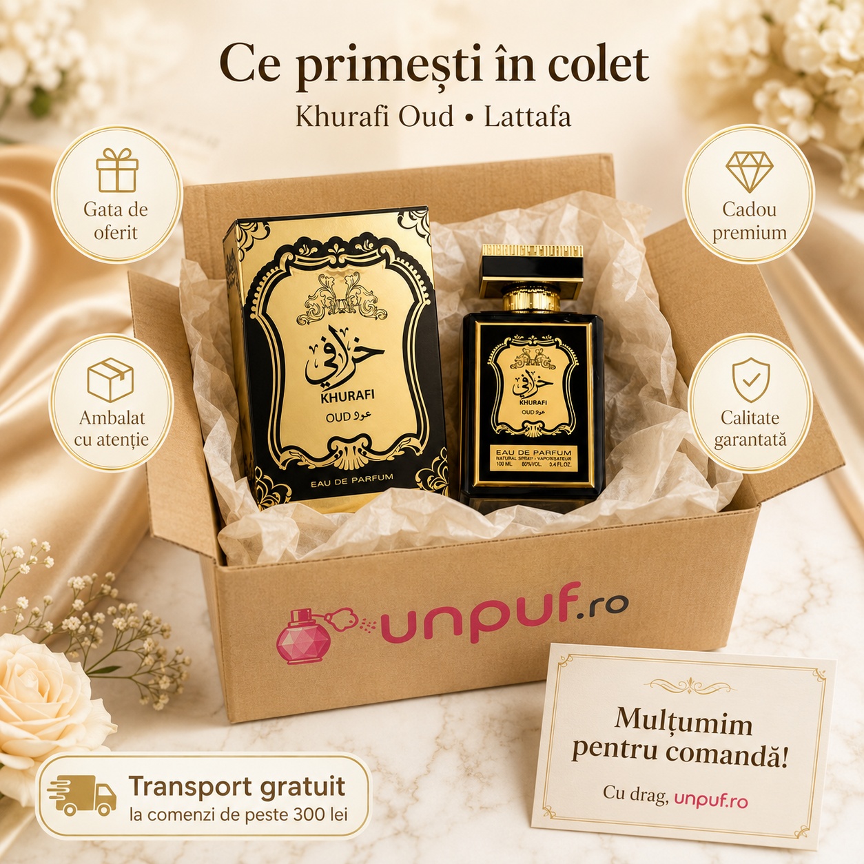 Ce primești în colet Al Raheeb Khurafi Oud 100 ml parfum arăbesc unisex ambalat cu atenție, gata de oferit cadou