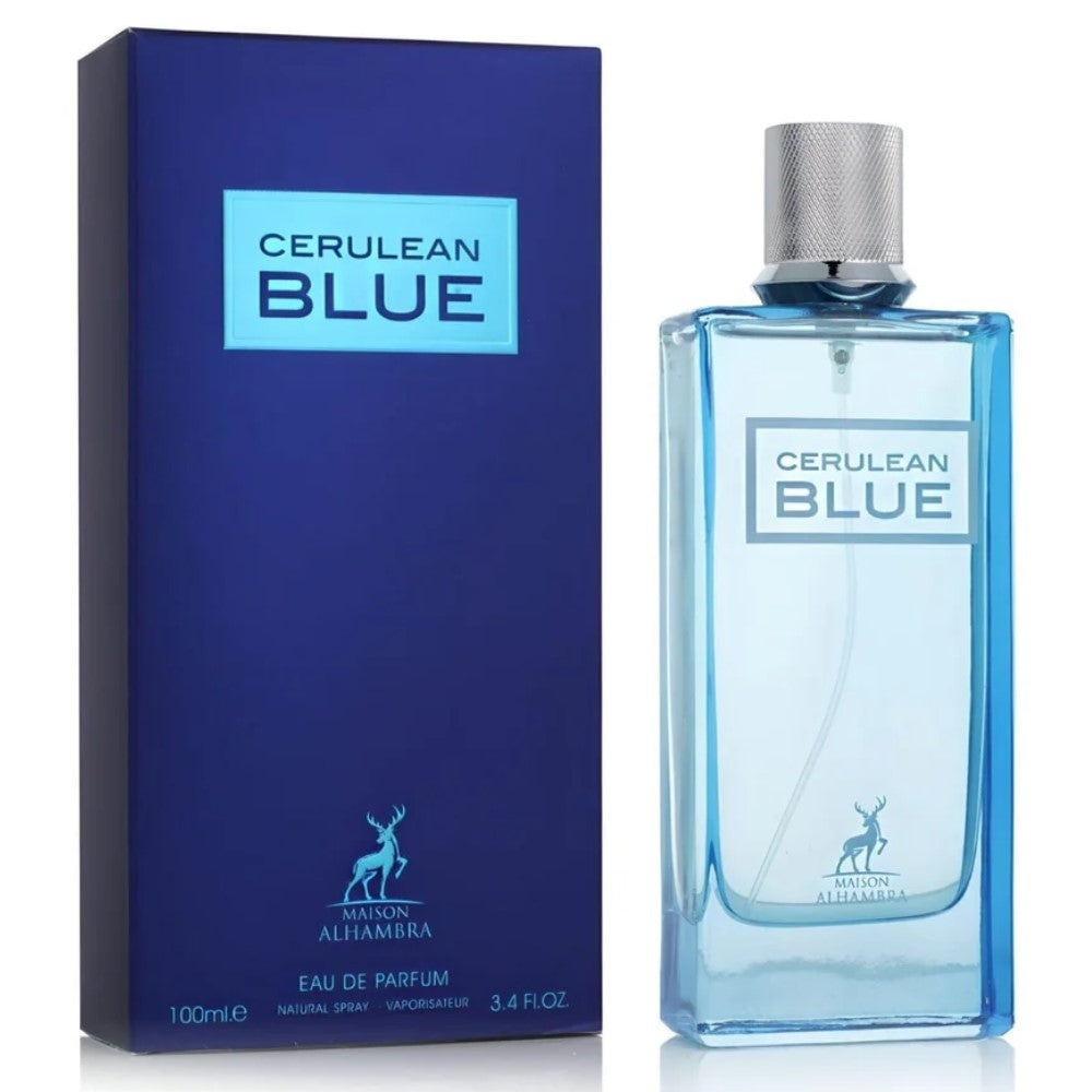 Parfum Alhambra Cerulean Blue Maison Alhambra 100 ml sticlă și cutie pe fundal alb