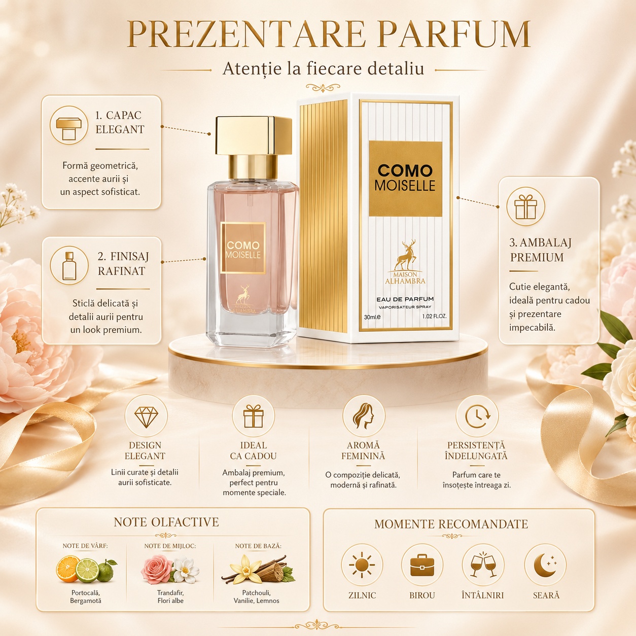 Prezentare parfum Alhambra Como Moiselle cu capac elegant, finisaj rafinat, ambalaj premium, note olfactive și momente recomandate