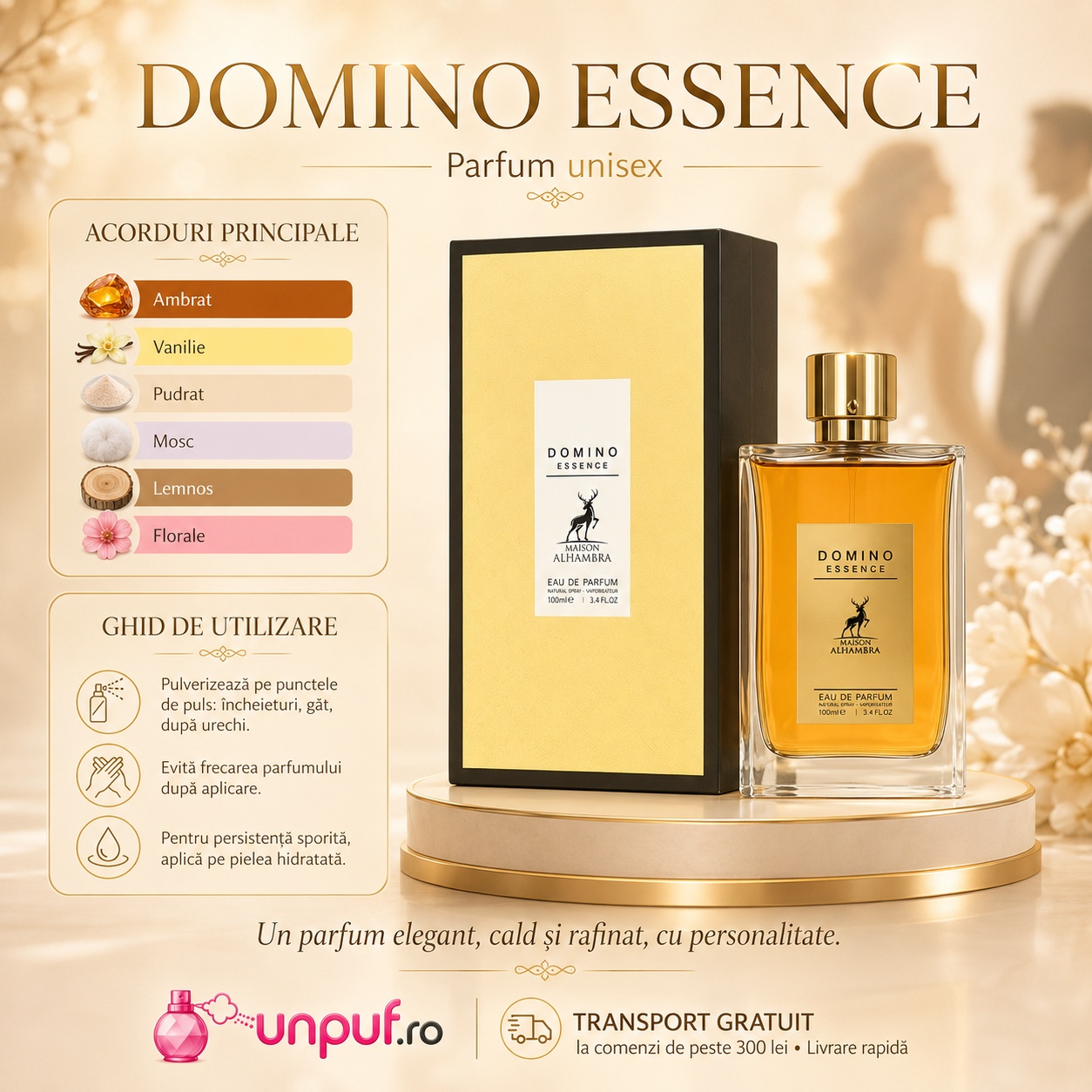 Note olfactive Alhambra Domino Essence cu acorduri ambrate, vanilate, pudrate, moscate, lemnoase și florale