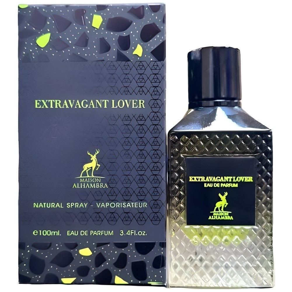 Parfum Alhambra Extravagant Lover Maison Alhambra 100 ml sticlă și cutie pe fundal alb