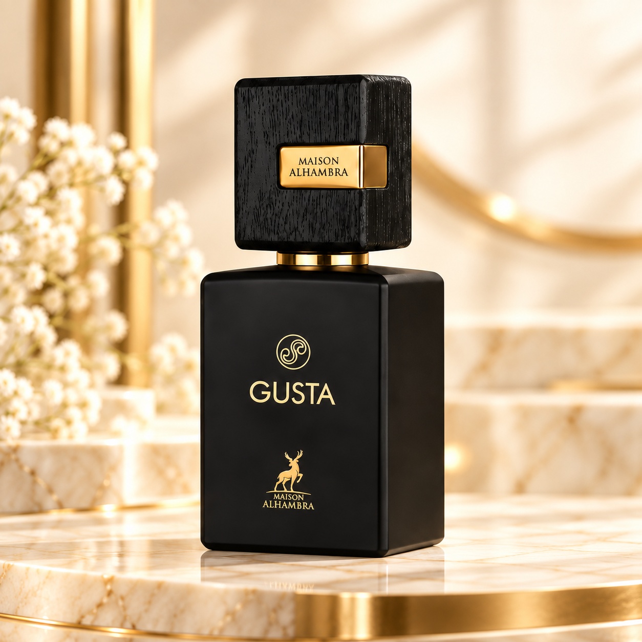 Flacon Alhambra Gusta 100 ml negru mat cu capac texturat și placă aurie Maison Alhambra