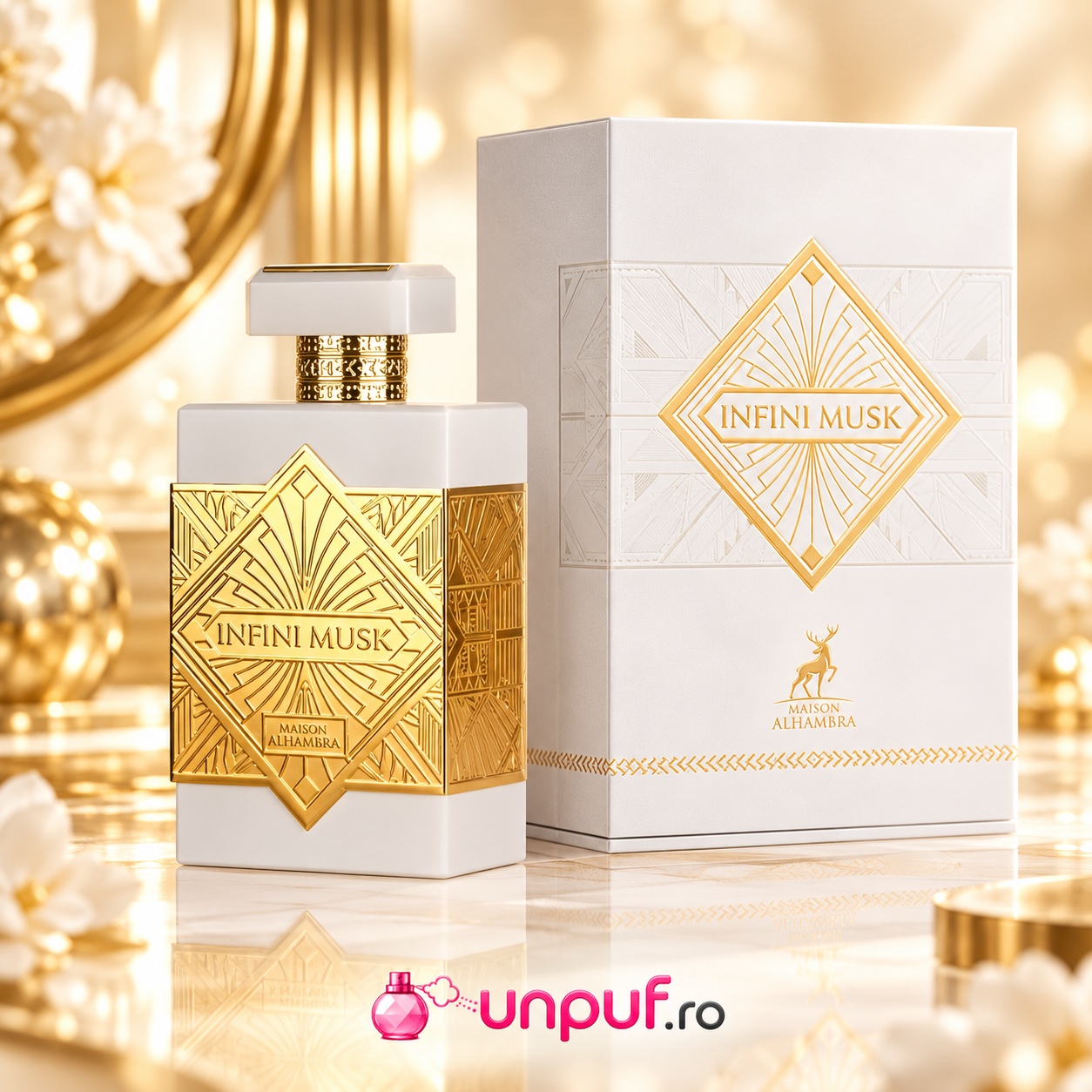 Alhambra Infini Musk Eau de Parfum 100 ml parfum cu flacon alb auriu și cutie premium