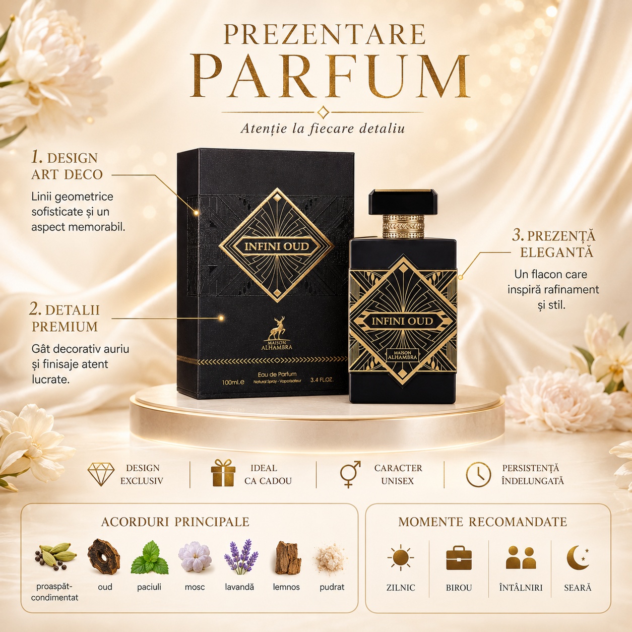 Alhambra Infini Oud note olfactive cu oud patchouli mosc lavandă lemnos pudrat și cald condimentat