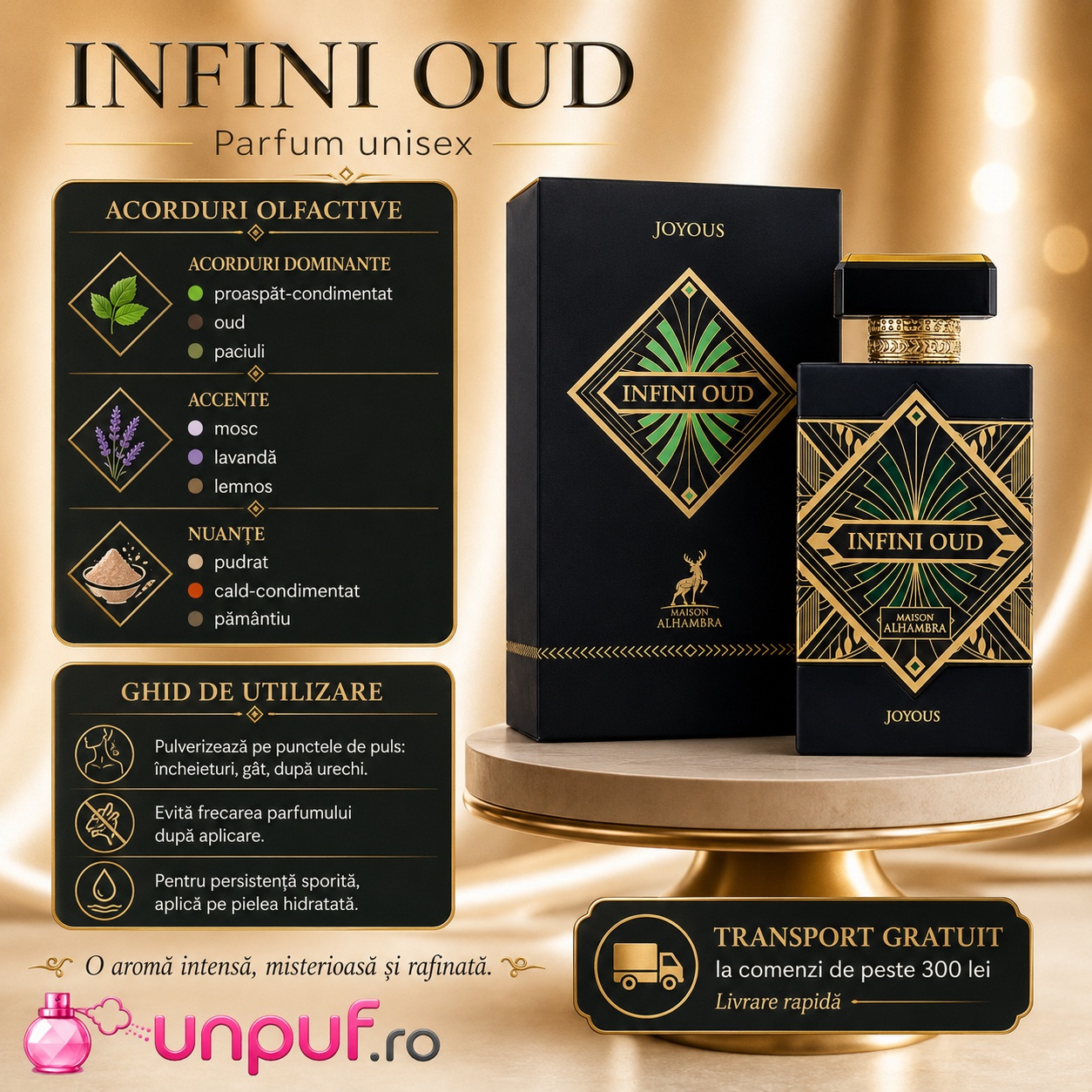 Note olfactive și ghid de utilizare Alhambra Infini Oud Joyous parfum unisex cu oud, patchouli, lavandă, mosc și note lemnoase