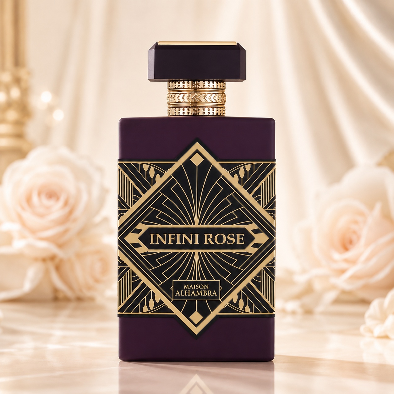 Sticlă parfum Alhambra Infini Rose Maison Alhambra 100 ml pe fundal premium cu trandafiri