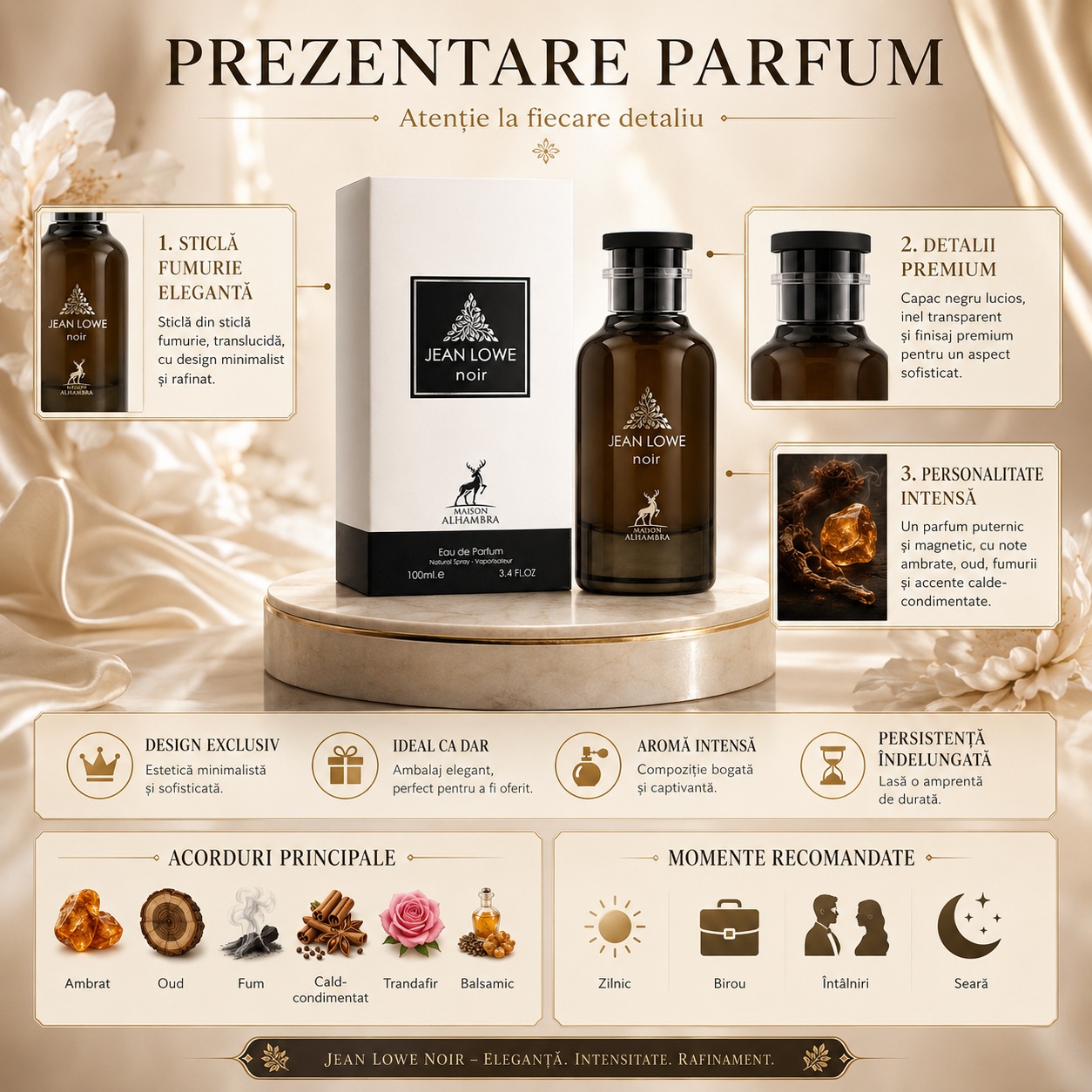 Alhambra Jean Lowe Noir note olfactive ambrat lemnos fumuriu trandafir balsamic și cald condimentat