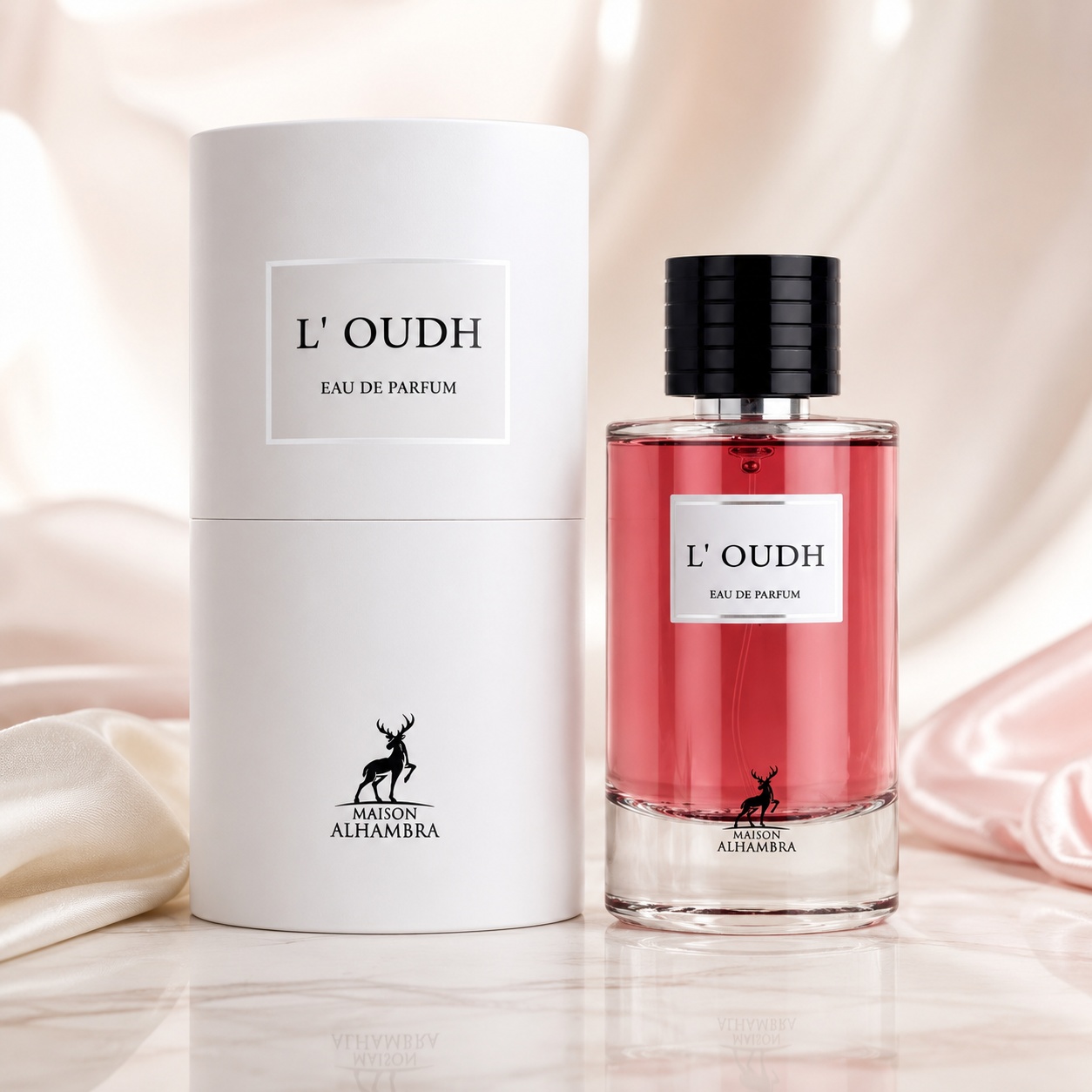 Parfum Arăbesc Alhambra L&rsquo;Oudh Maison Alhambra 100 ml cu sticlă roșie și cutie albă premium
