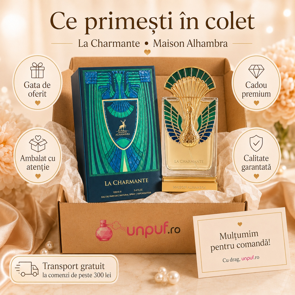 Ce primești în colet Alhambra La Charmante 100 ml, parfum original, ambalat cu atenție și cadou premium