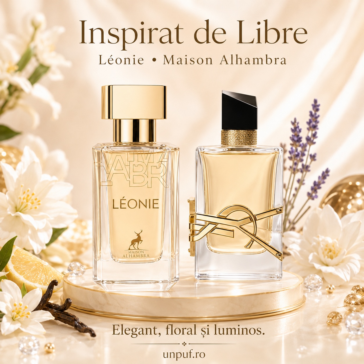 Parfum Alhambra Leonie inspirat de Libre, elegant, floral și luminos