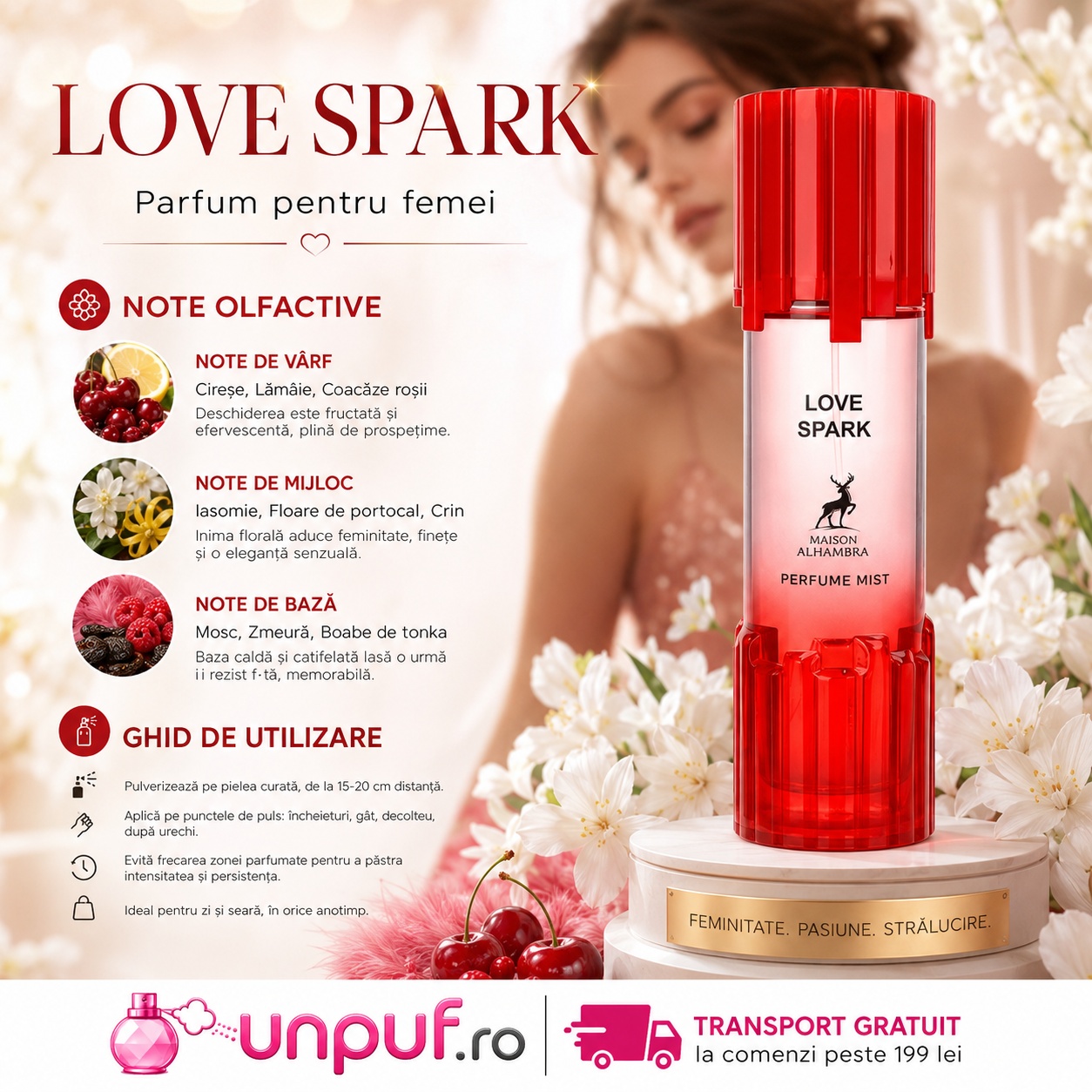 Love Spark Body Mist note olfactive și ghid de utilizare cu cireșe, lămâie, iasomie, floare de portocal, mosc și tonka