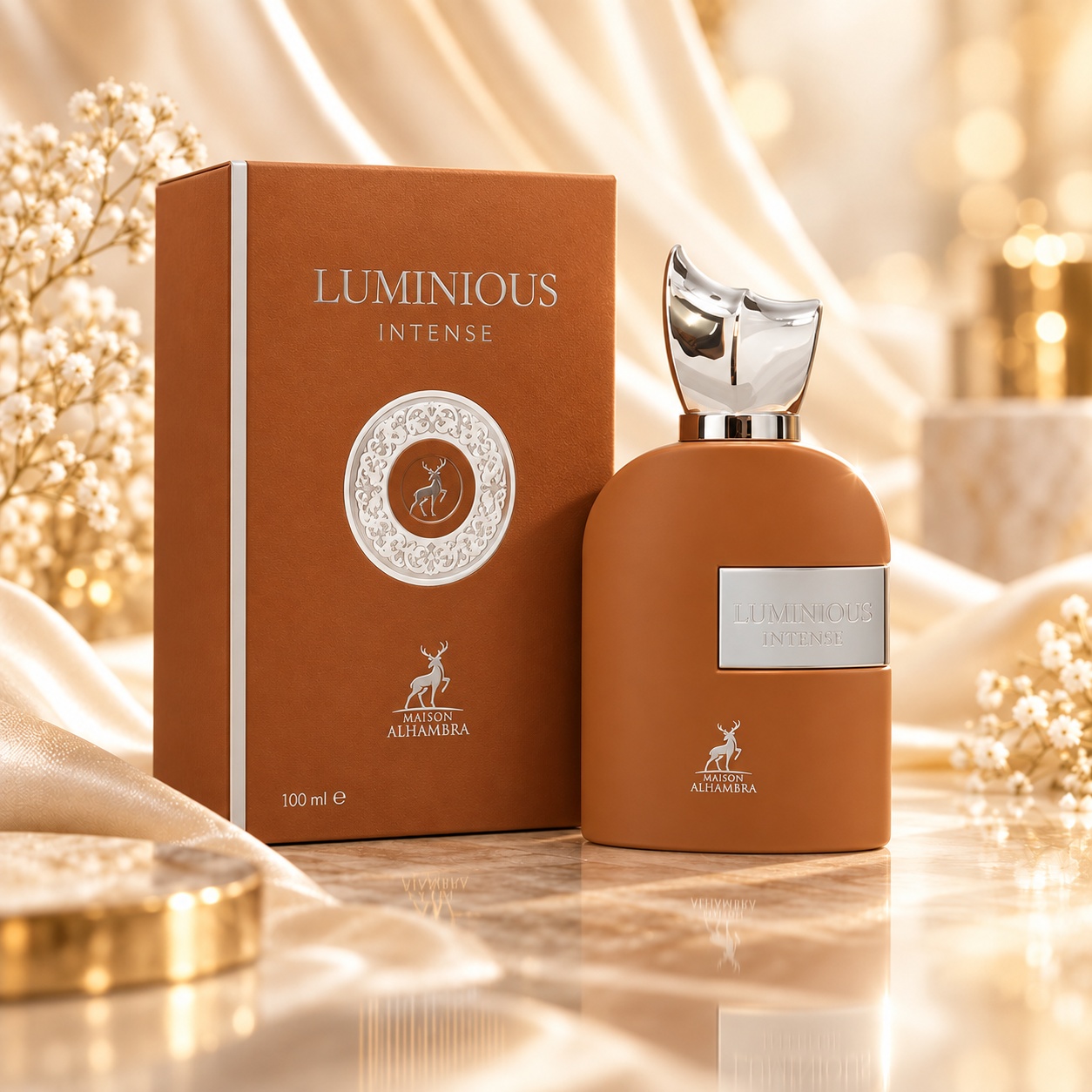 Parfum Alhambra Luminous Sahara 100ml unisex, sticlă caramel și cutie elegantă