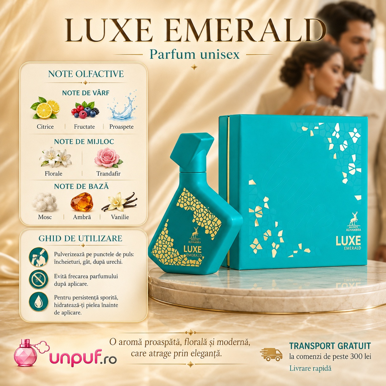 Alhambra Luxe Emerald note olfactive fructate florale citrice trandafir mosc ambră și vanilie