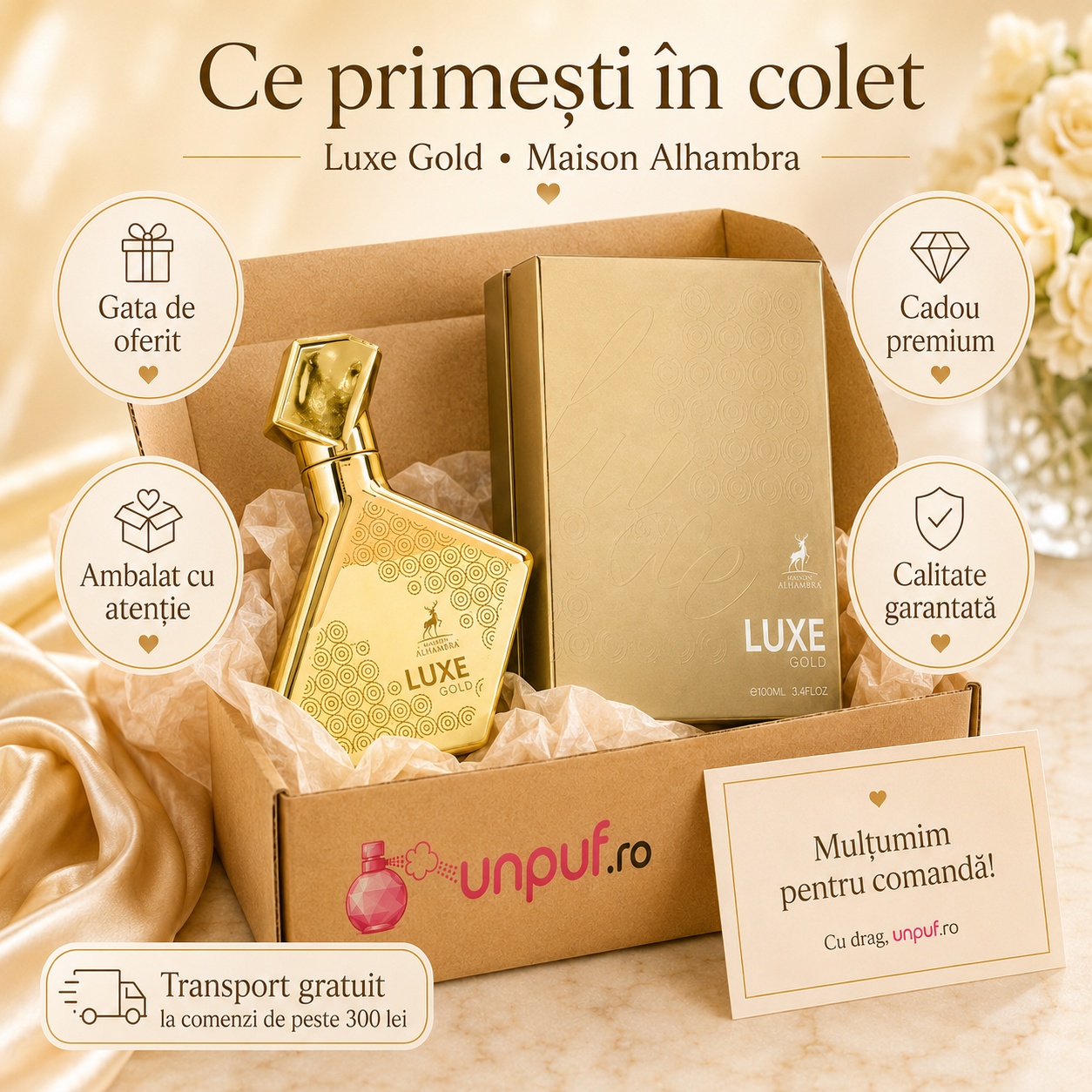 Ce primești în colet Parfum Alhambra Luxe Gold Maison Alhambra 100 ml ambalat cu atenție