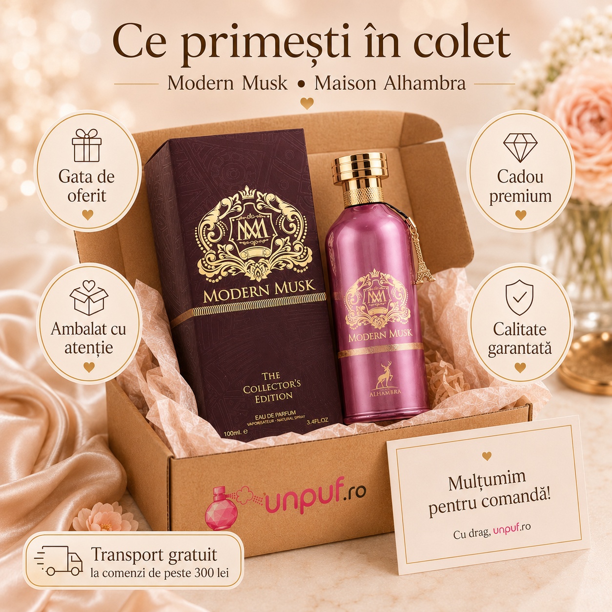 Ce primești &icirc;n colet Parfum Alhambra Modern Musk Maison Alhambra 100 ml ambalat cu atenție