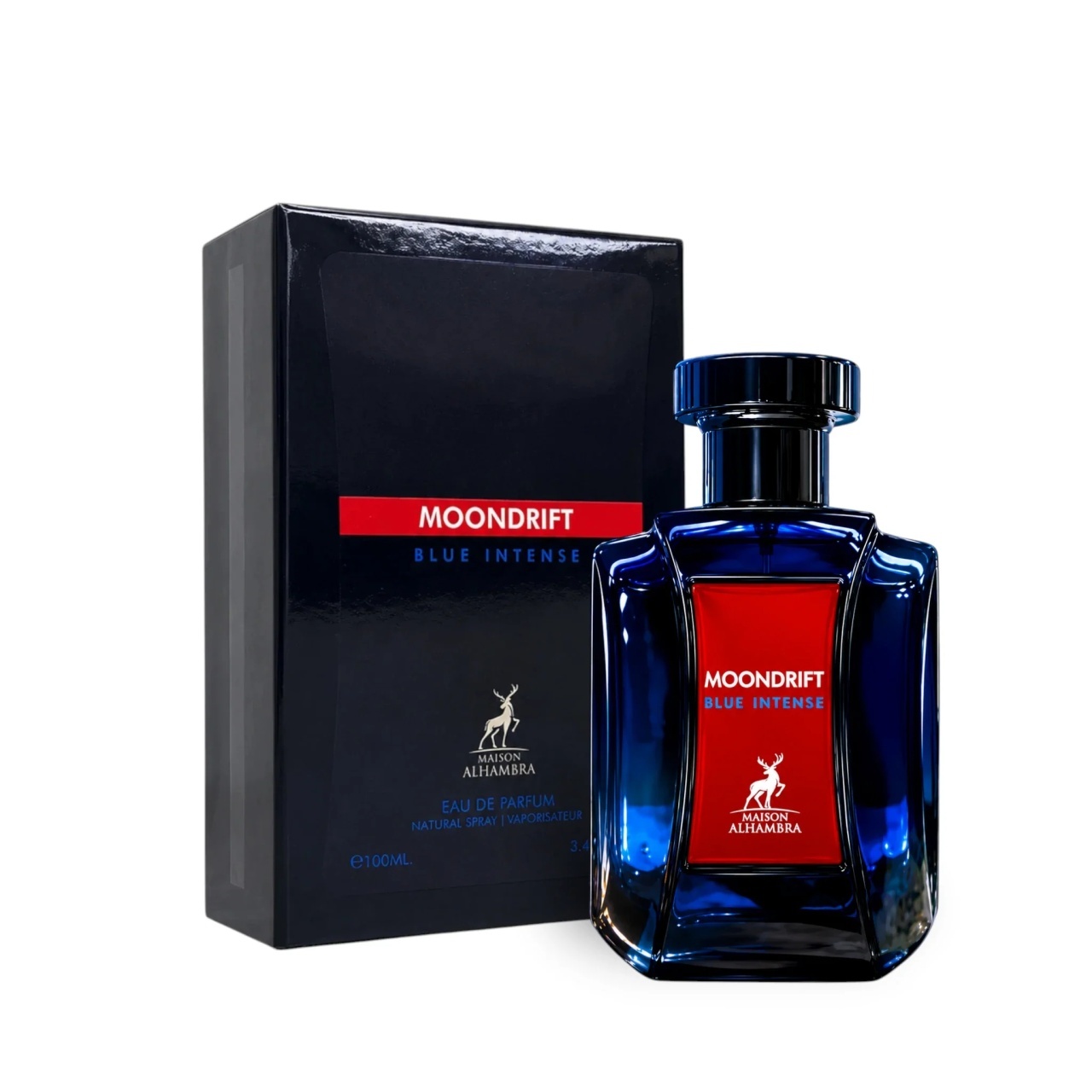 Sticlă și cutie Alhambra Moondrift Blue Intense 100ml pe fundal alb