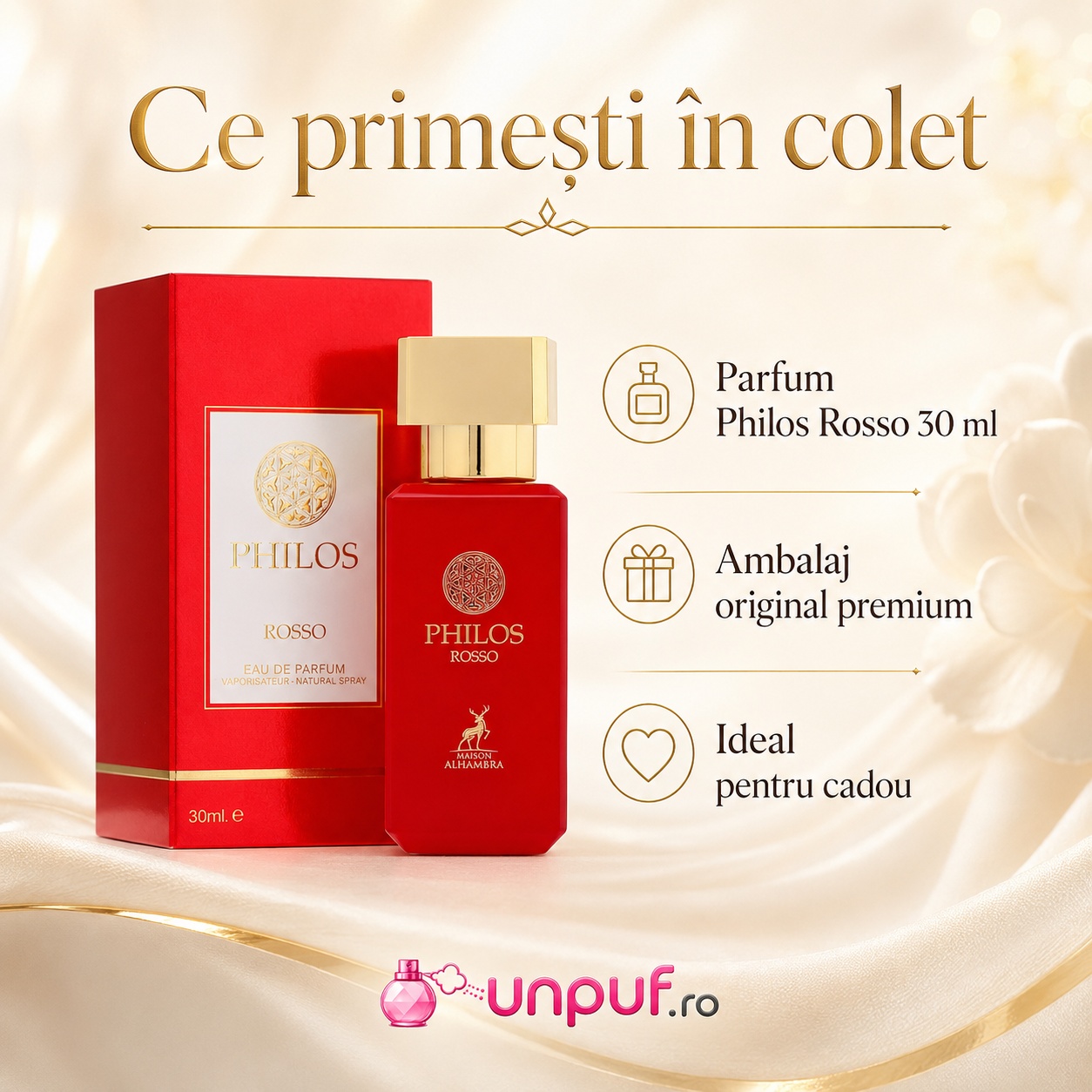 Colet parfum Alhambra Philos Rosso cu ambalaj original premium, parfum 30 ml și prezentare pentru cadou