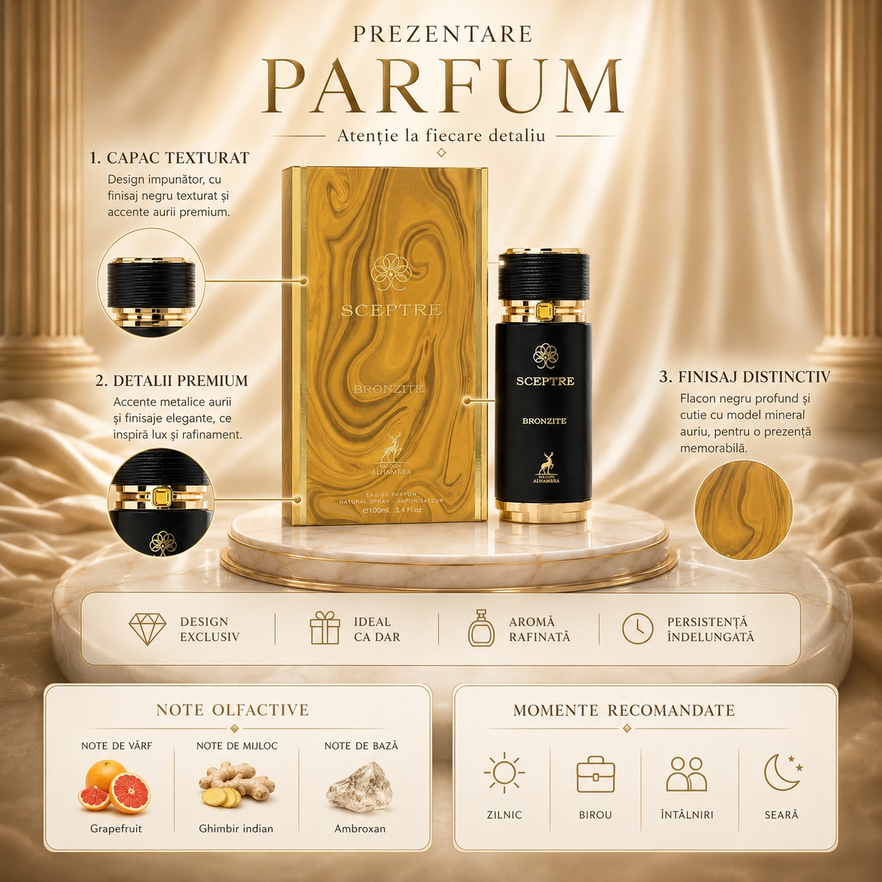 Prezentare parfum Alhambra Sceptre Bronzite cu capac texturat, detalii aurii, cutie minerală și note olfactive
