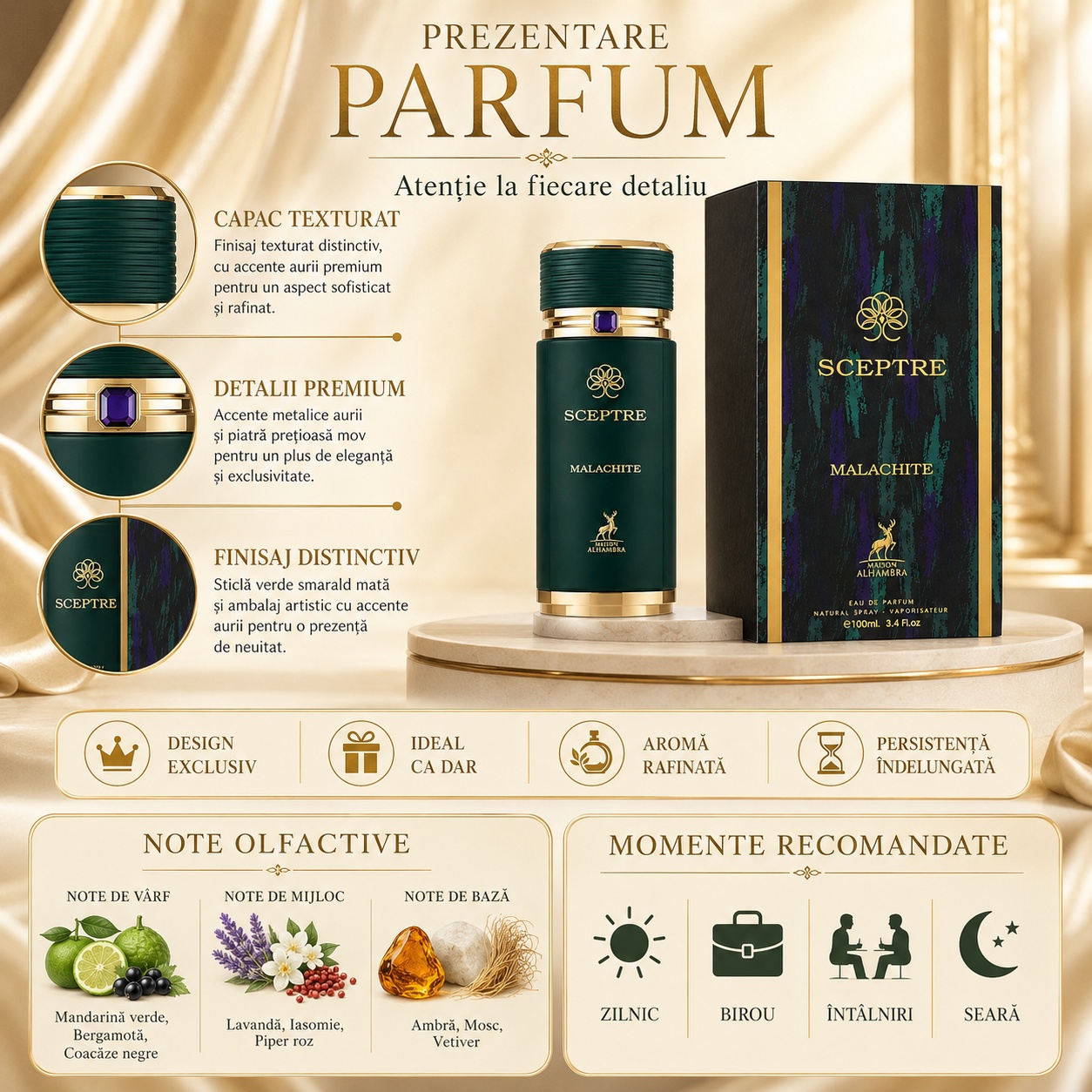 Prezentare parfum Alhambra Sceptre Malachite cu capac texturat, detalii premium, finisaj distinctiv și note olfactive