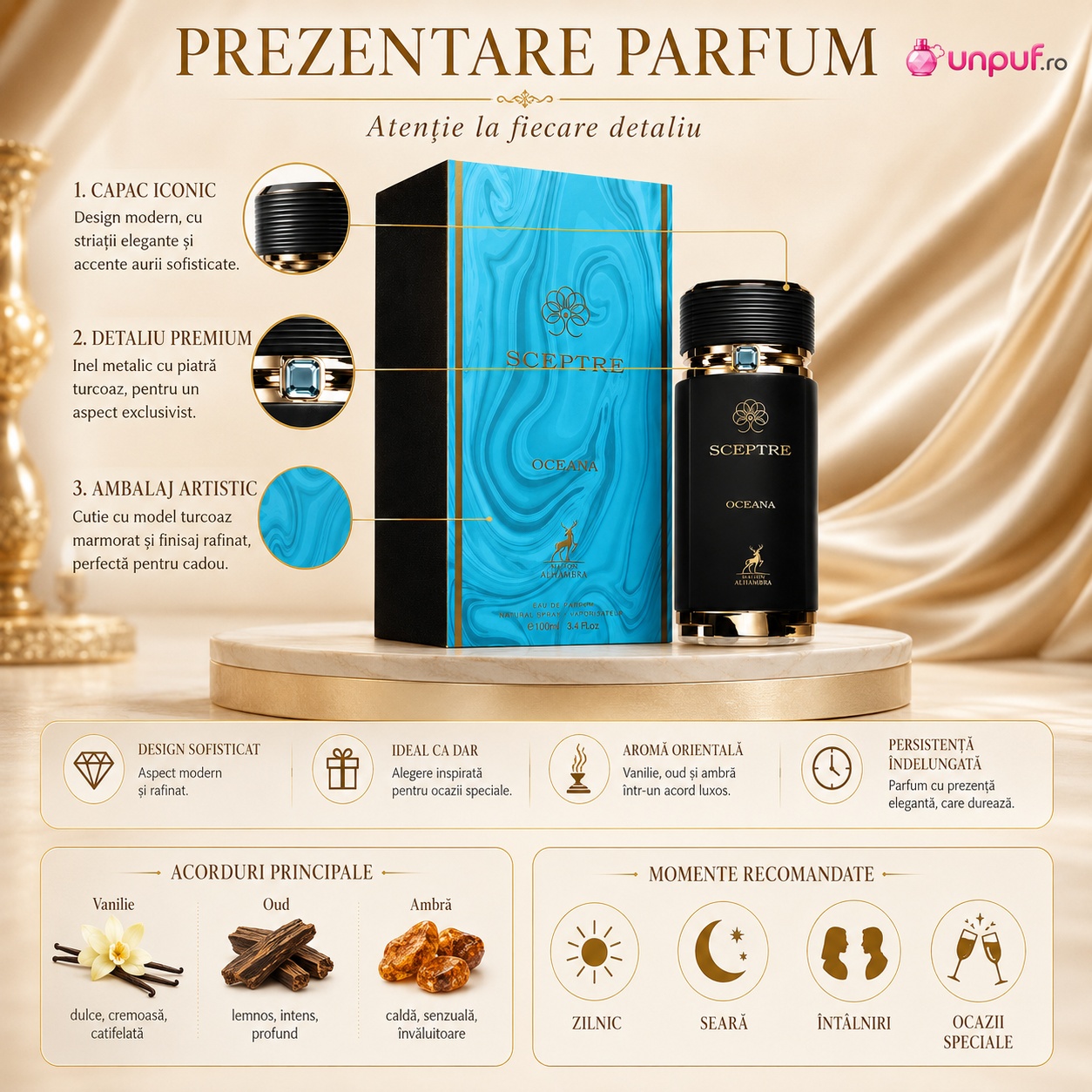 Prezentare parfum Alhambra Sceptre Oceana cu capac iconic, detaliu premium, ambalaj turcoaz și finisaj rafinat