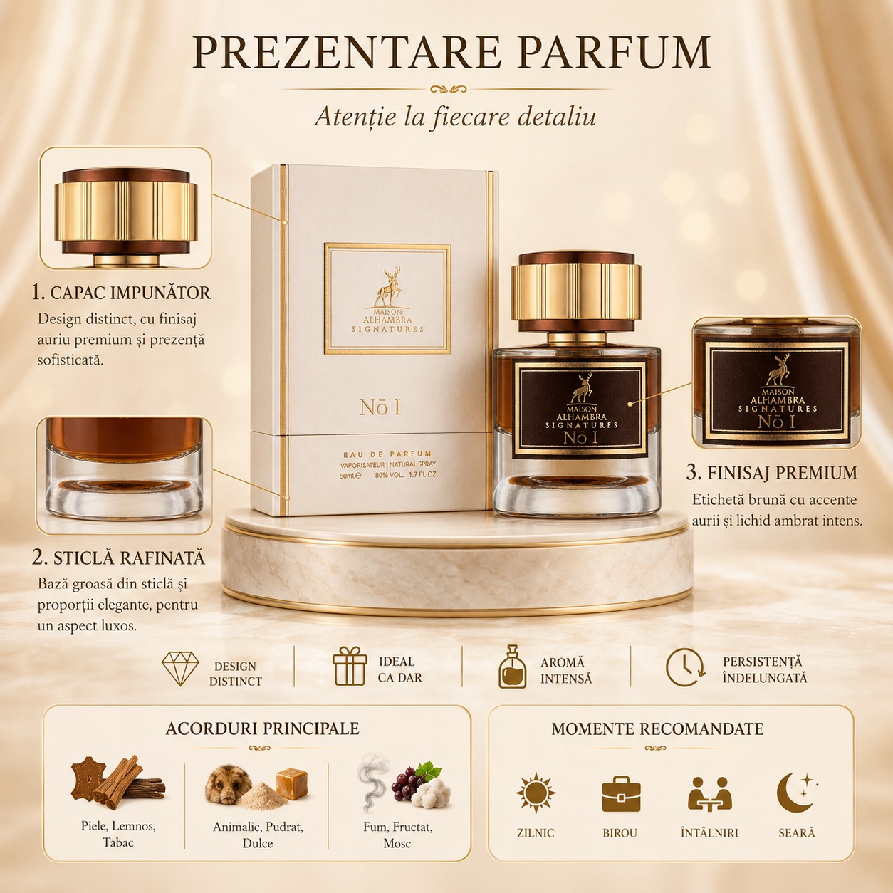 Prezentare parfum Alhambra Signatures No. 1 cu capac impunător, sticlă rafinată, finisaj premium și acorduri principale