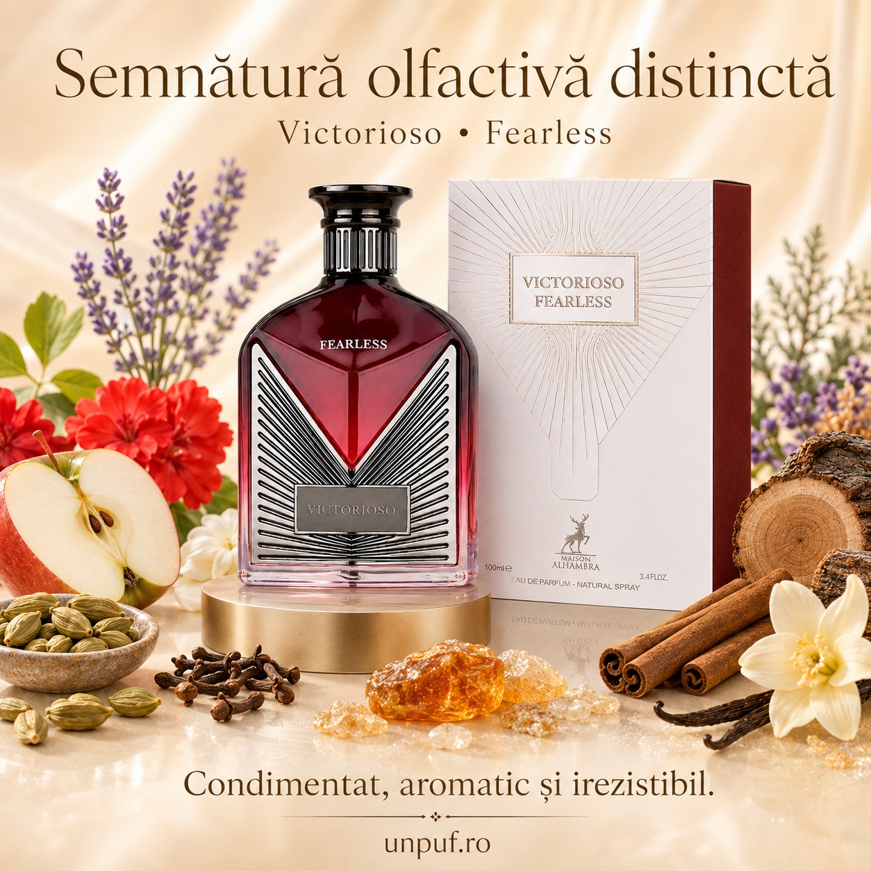 Alhambra Victorioso Fearless semnătură olfactivă distinctă, parfum condimentat, aromatic și irezistibil