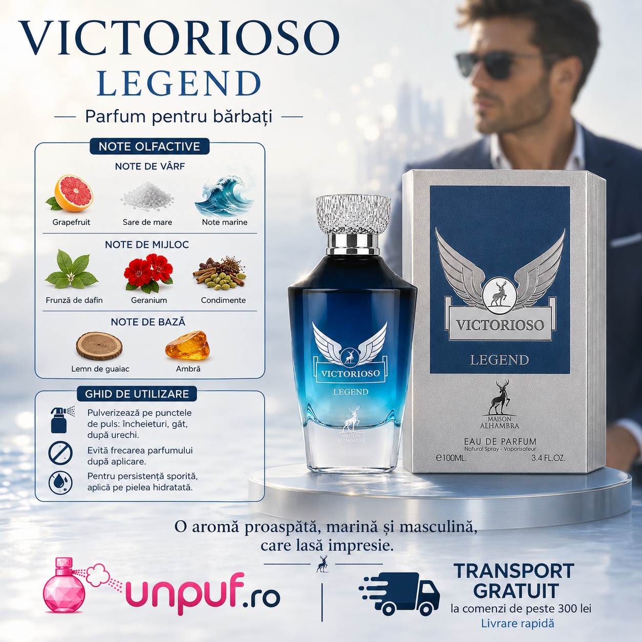 Alhambra Victorioso Myth parfum bărbați cu note fresh marine și ghid de utilizare
